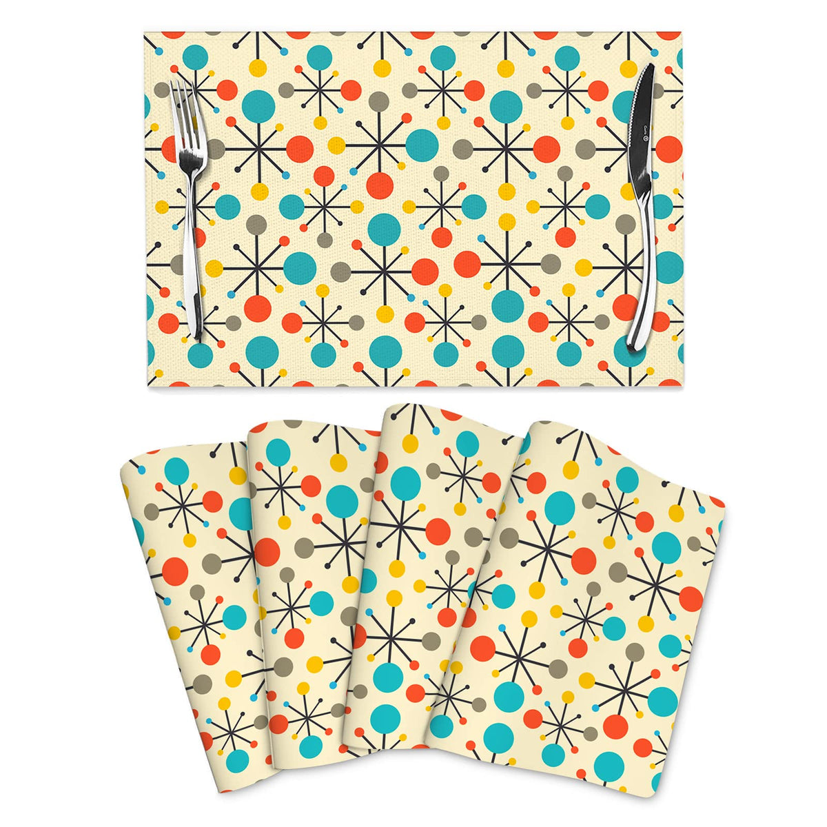 Mid Century Fifties Modern Atomic Retro Placemats Set of 4 Yellow Kitchen Table Mats for Dining Farmhouse Holiday Home Decor Linen Washable Place Mats 12"x18" (Mid Century Modern Atomic / 4pcs - 12x18inch)