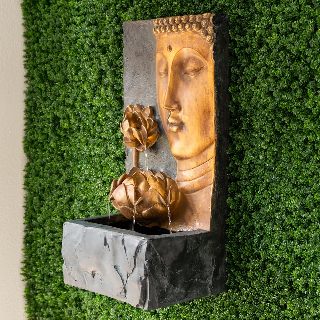 30" H Zen Buddha Face Water Fountain w (Gray and Gold)