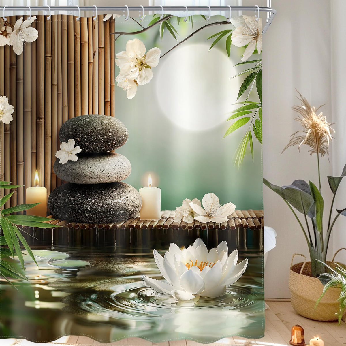 Lotus Zen Bamboo Stone Shower Curtain Spa Floral Pastel Moon 72Wx84L Inch (E-green / 72"W x 84"L (Pack of 1))