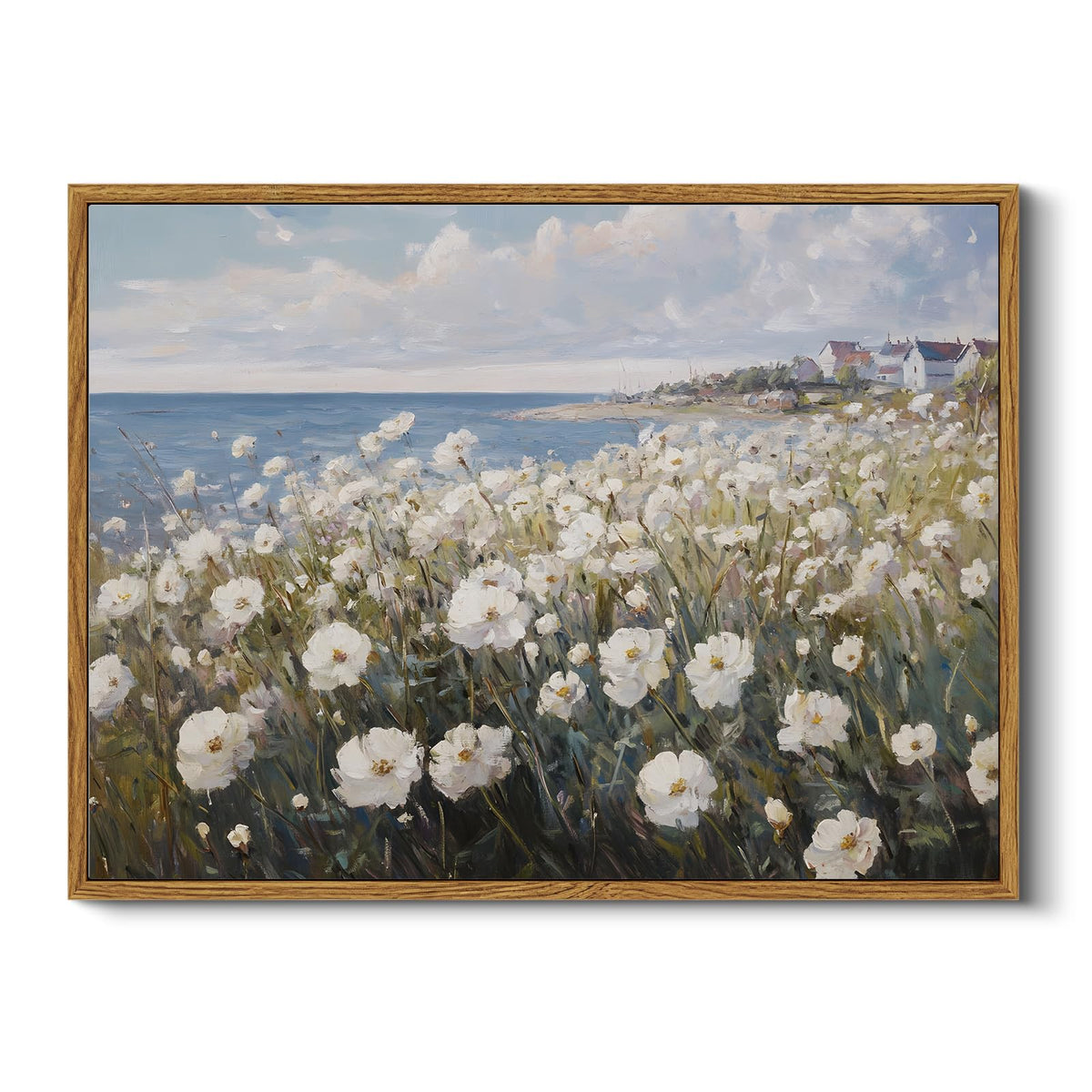 Vintage Coastal Wildflower Framed Canvas Wall Art 12"x16" Ocean View White Flowers (Seaside / 16"L x 12"W)