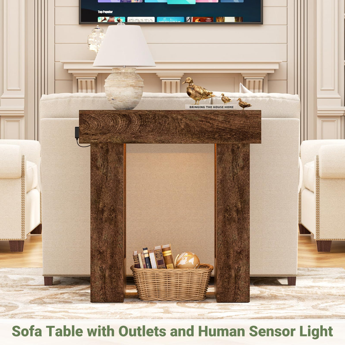 32" Entry Table with Sensor Light & AC Outlets with USB (Rustic Oak / 32IN)
