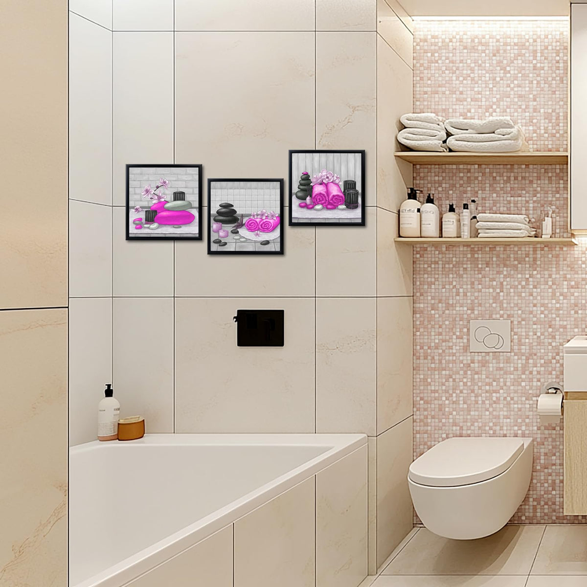 Zen Wall Art Decor Pink Bathroom Pictures Painting with Black Frames 12"x12" for Each (Hot Pink)
