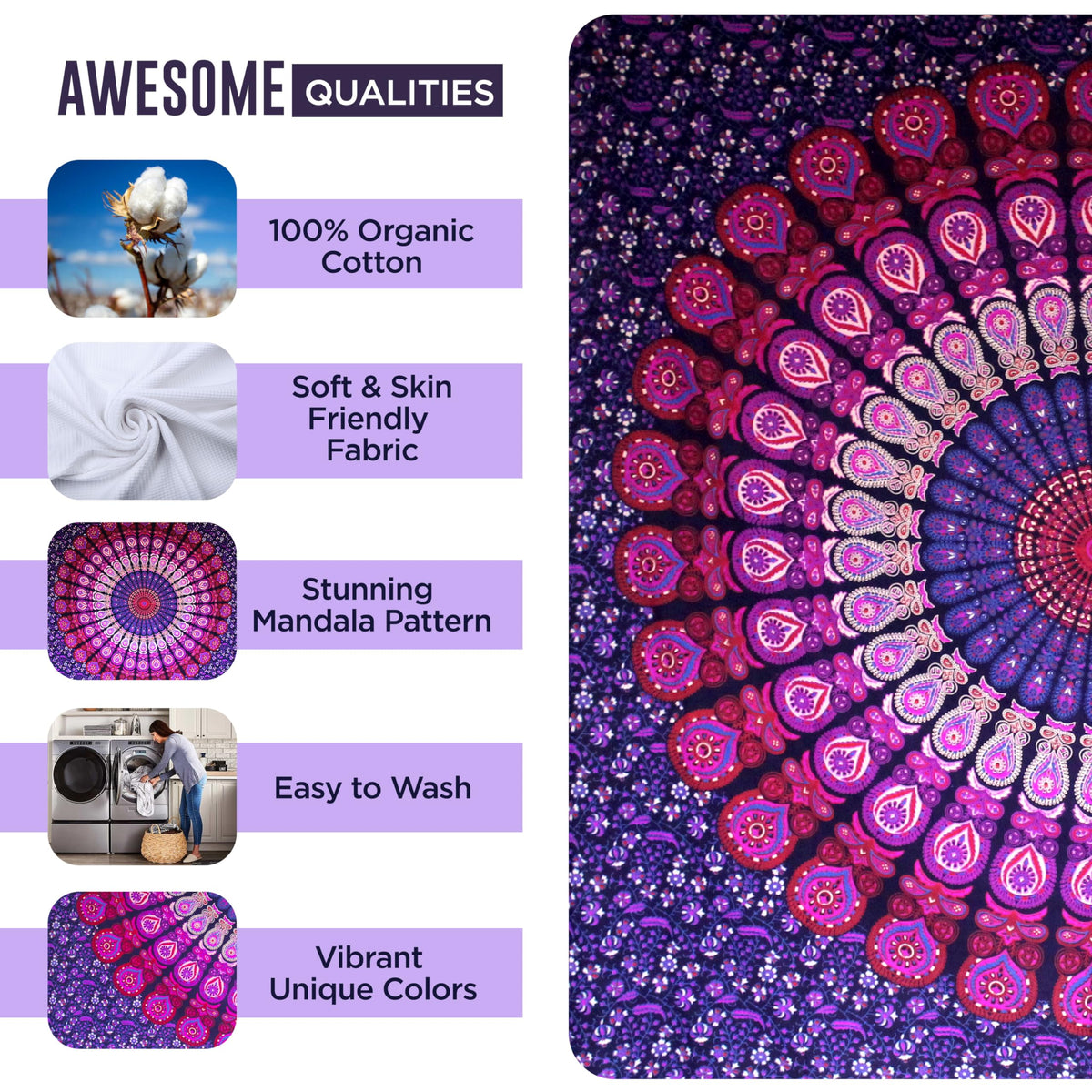 Indian Cotton Purple Tapestry Mandala Wall Hangings (Purple / 40"L x 30"W)