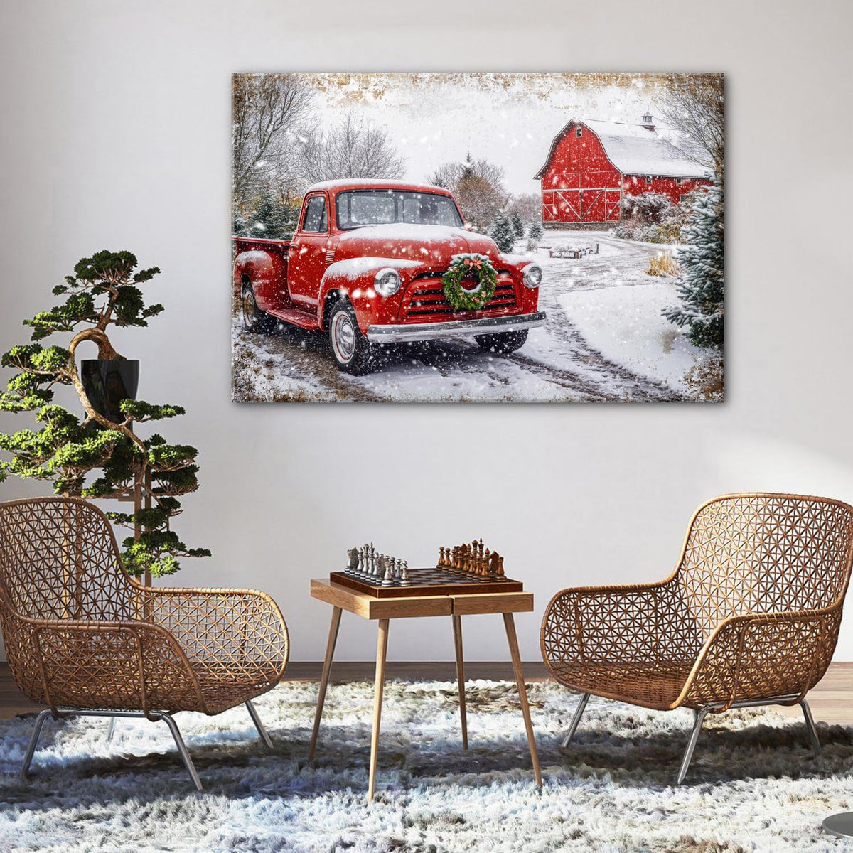 Farmhouse Barn Wall Art Vintage Christmas Wall Decor for Kitchen Rustic Red Truck Prints Country Old Car Picture Winter Scenery Painting Artwork Dining Room Woodland Natural Home Decoration 32x48" (48"L x 32"W / Truck)