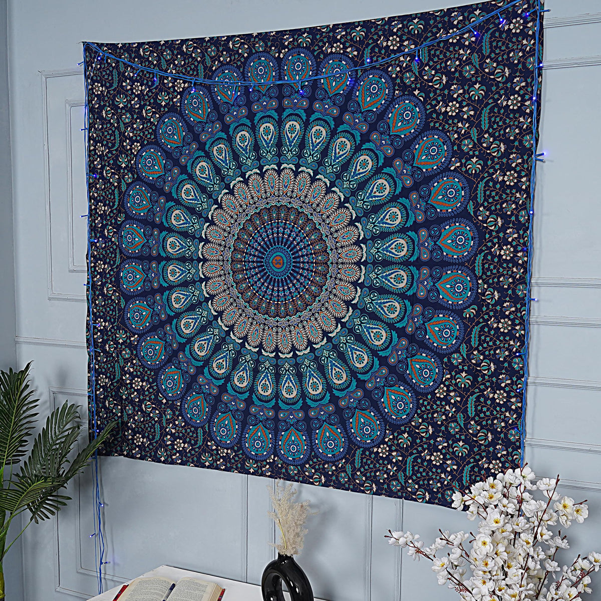 Handmade Cotton Peacock Mandala Tapestry (40"L x 30"W / Navy Blue)