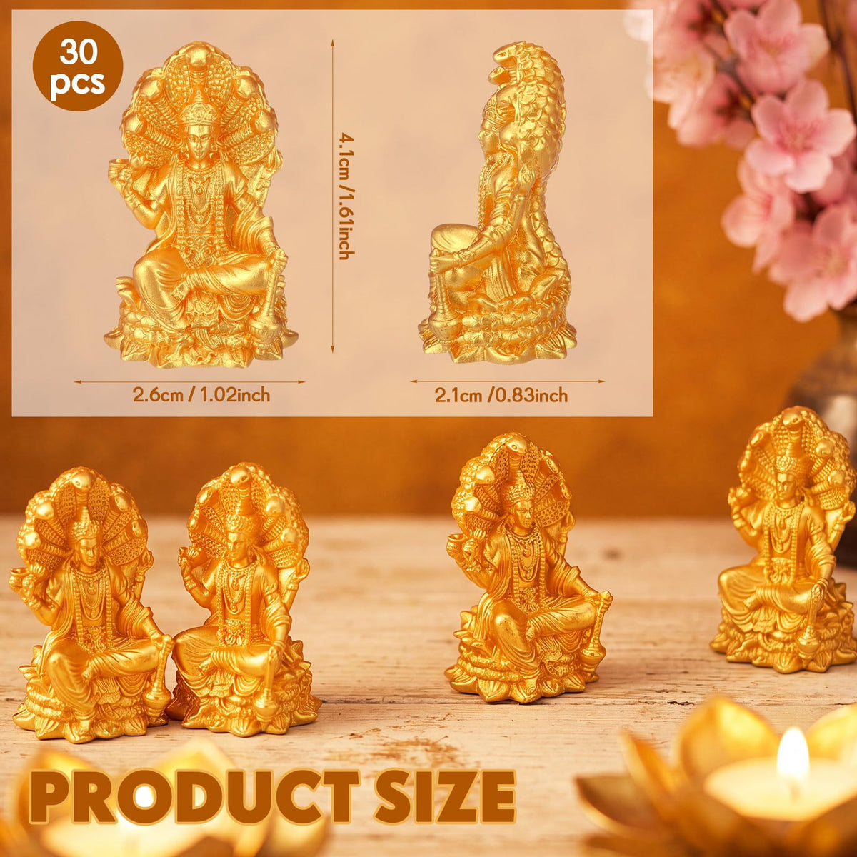 30 Pcs Mini Gold Vishnu Figurines Bulk (Vishnu)