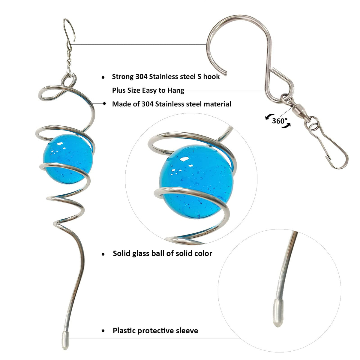 Gazing Ball Spiral Decorative Wind Spinner Tail with Blue Glass Orb (13in / 006-blue)