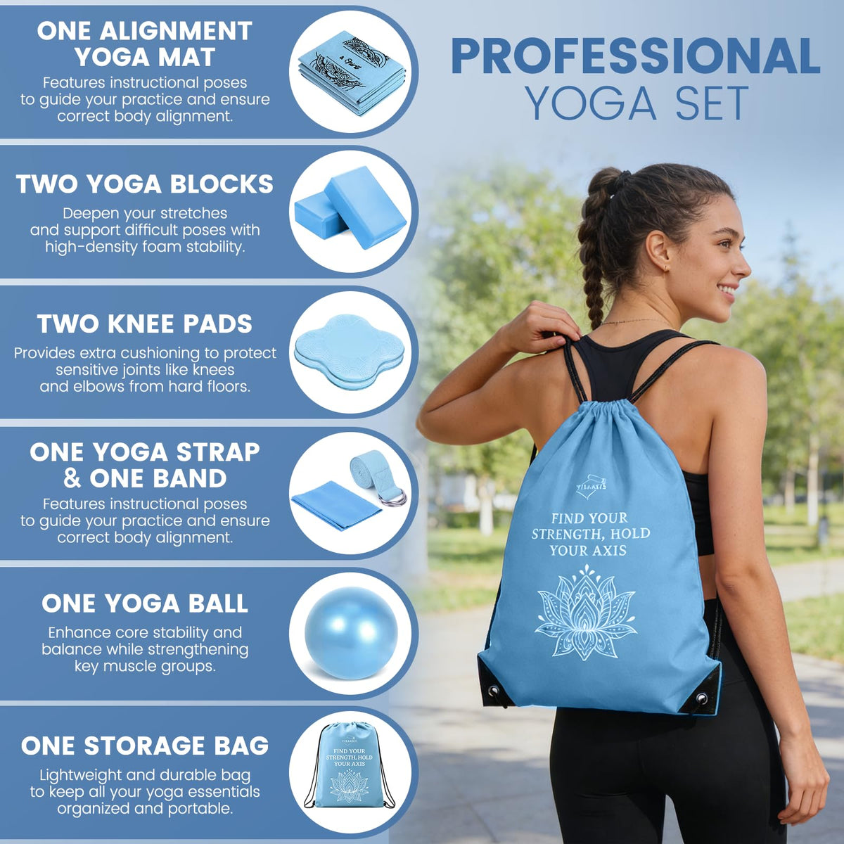 Foldable Non Slip Yoga Mat and Blocks Set for Women (Blue)