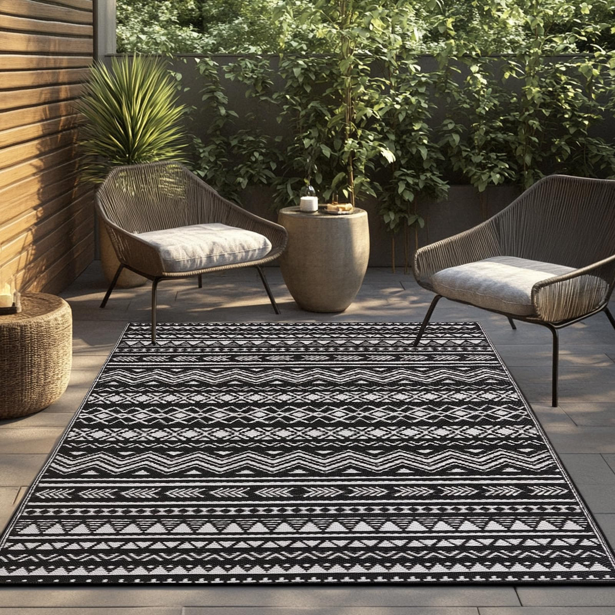 Black and White Vertical Stripe Outdoor Rug 6x9 ft Waterproof Mat (Black & White / 6x9 Feet)