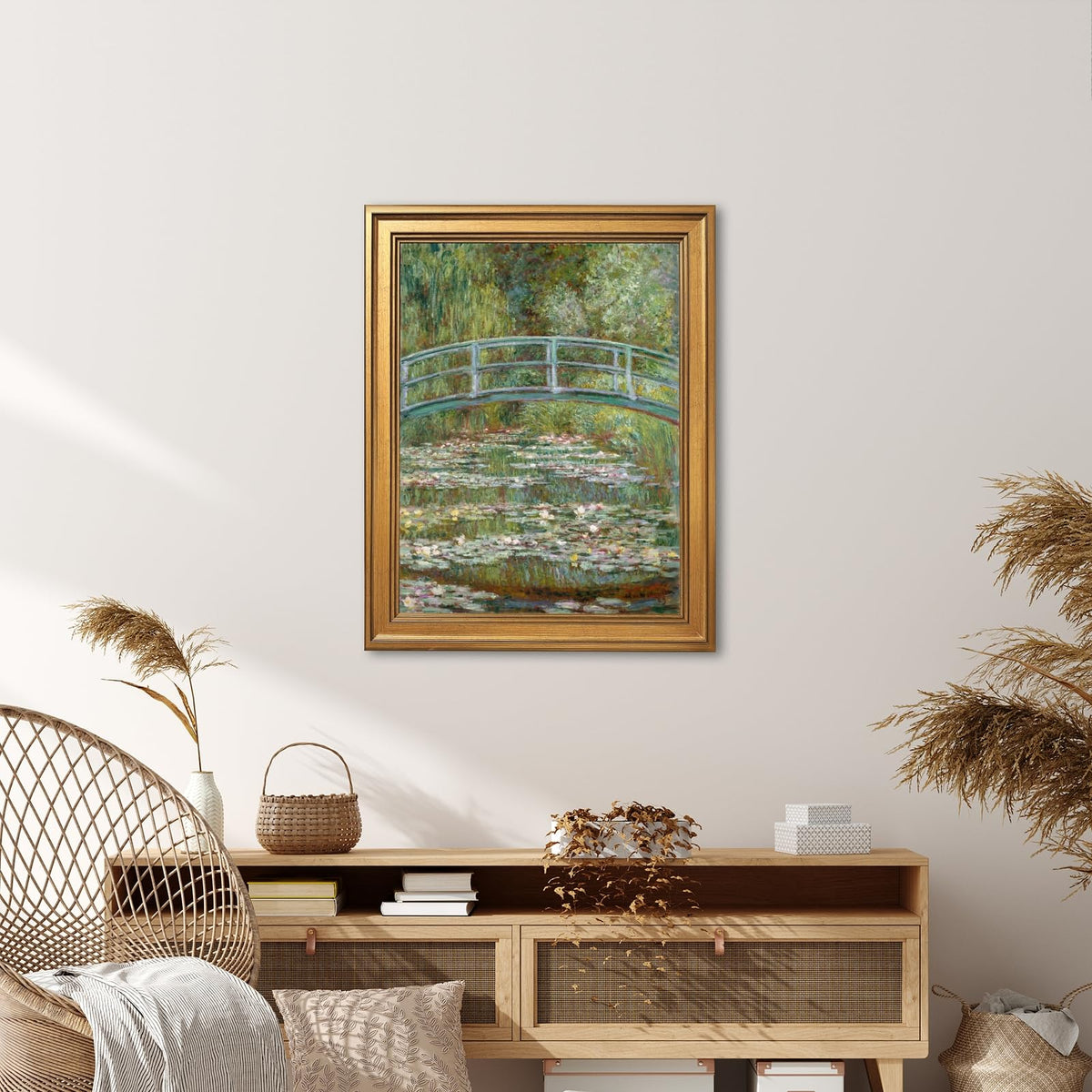 Gold Framed Bridge over a Pond of Water Lilies by Claude Monet Poster Impressionist Wall Art Prints Classic Nature Landscape Oil Painting Reproduction French Canvas Pictures Artwork Decor 16x20inch (16"L x 20"W / Bridge)