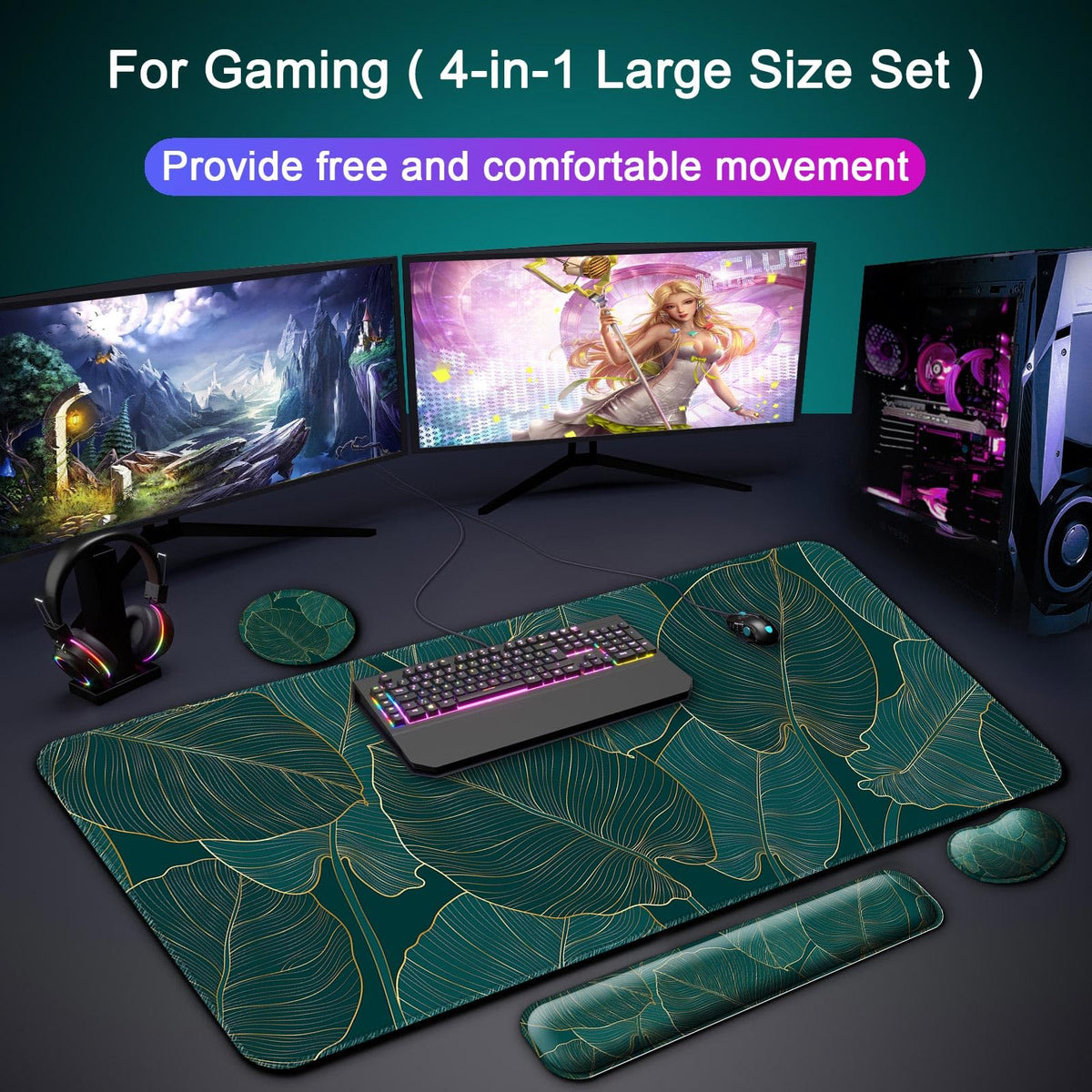 4 in 1 Mouse Pad and Keyboard Wrist Rest (B5-green Leaves)