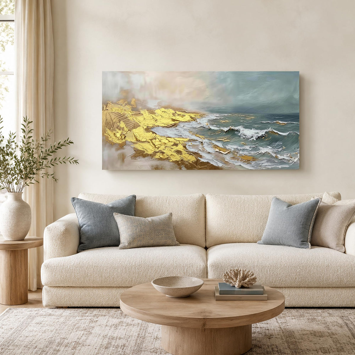 Abstract Blue & Gold Ocean Canvas Wall Art for Living Room 40"x20" (Gold Beach / 40"L x 20"W)