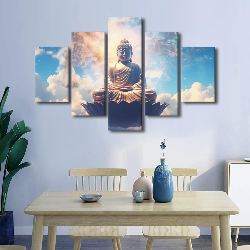 Buddhism Canvas Wall Art Modern Wall Art for Home Decor Buddha Statue Sky Poster Prints on Canvas 5 Panel Religious Artwork Printing for Living Room Decor Stretched and Framed Ready to Hang 60x40 in (60x40 in / 5PANEL-20)