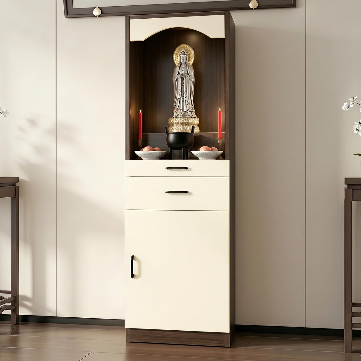Solid Wood Altar Table (Beige + Dark Brown Wood / 19.7" x 15.7" x 65.4")