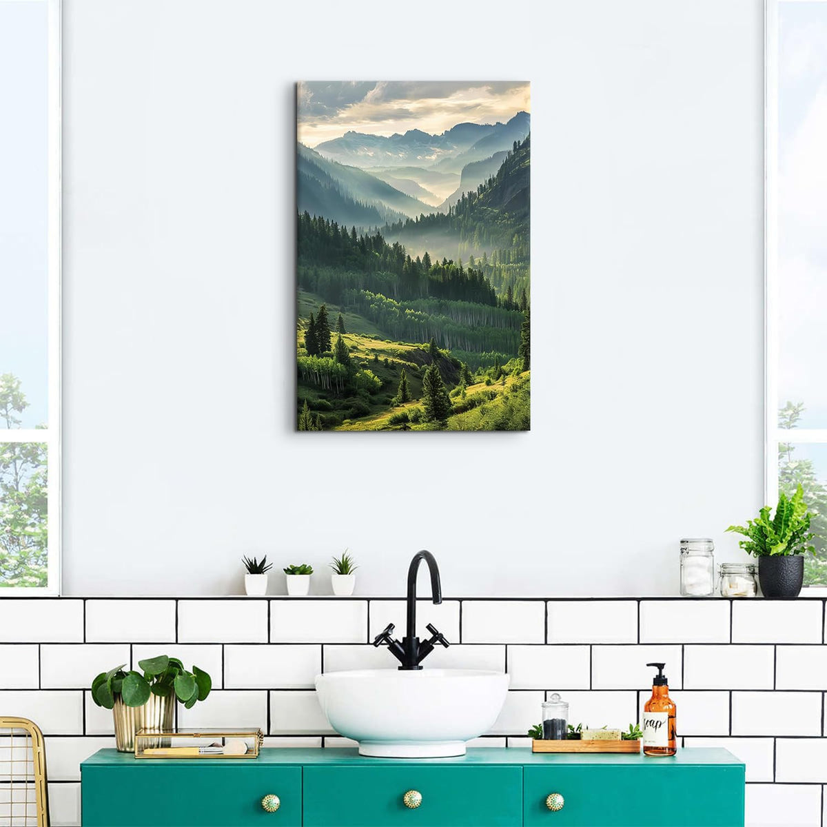 Foggy Forest Wall Art Nature Mountain Landscape Canvas Pictures for Bedroom Misty Forest Scenery Pictures Wall Decor Evergreen Tree Painting Poster Green Botanical Artwork for Home Decorations 16x24" (24"L x 16"W / Misty Mountain)