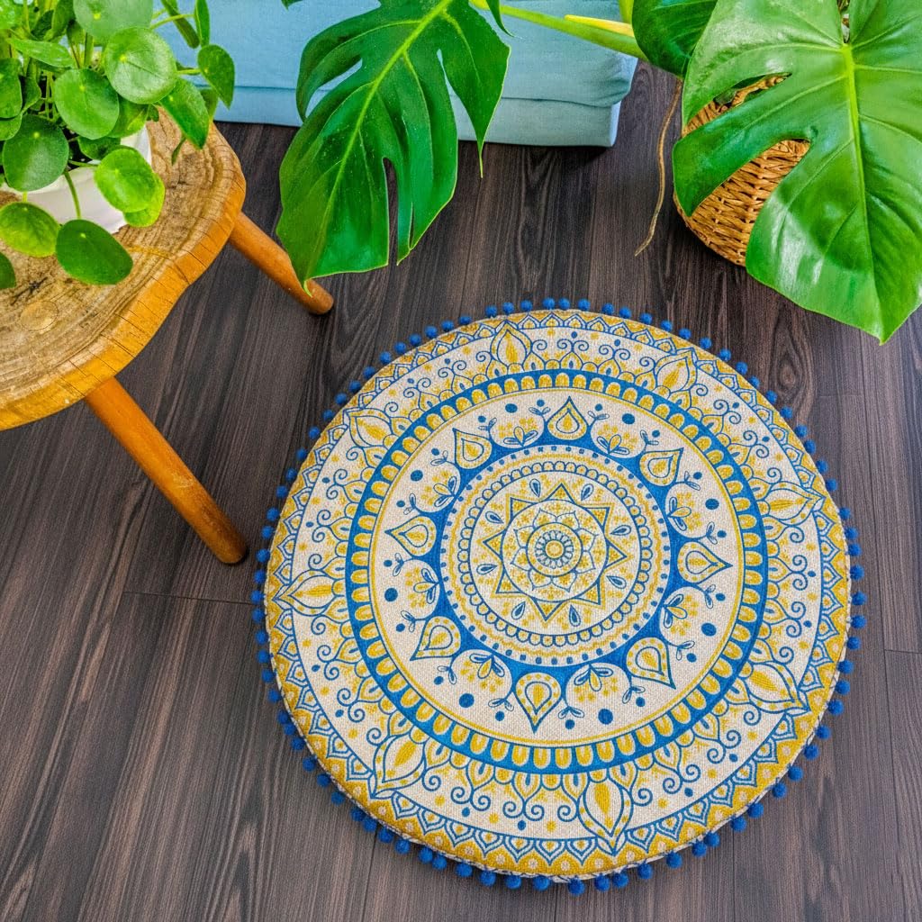 Boho Floor Pillow Cover Round Moroccan Large Pouf Ottoman Room Décor Cushion for Meditation Yoga and Boho Chic Bohemian (Pouf Cover / Golden Blue)