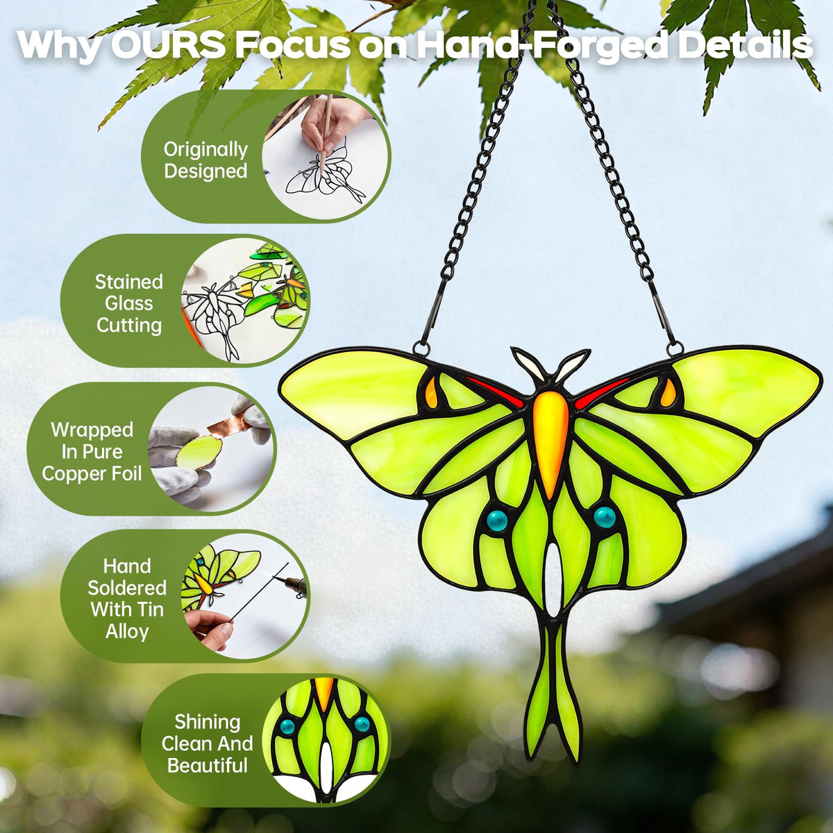 Stained Glass Window Hanging Luna Moth Suncatcher (Green-moth / Medium)