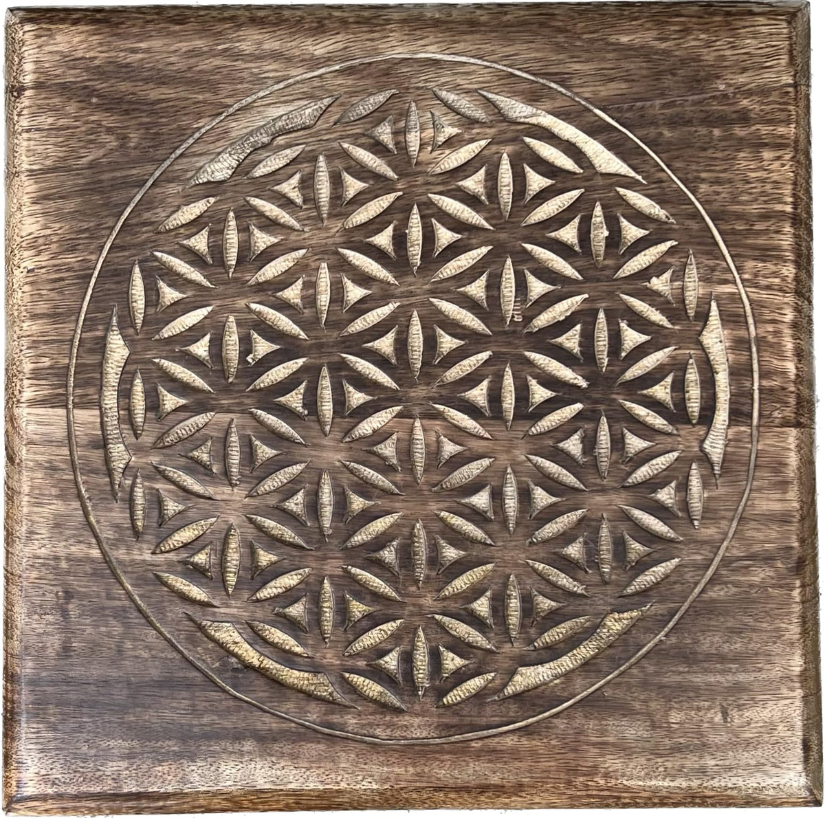Solid Mango Wood Hand Carved Puja Shrine Altar Meditation Table (12 X 12 X 12 Inches / Flower of Life)