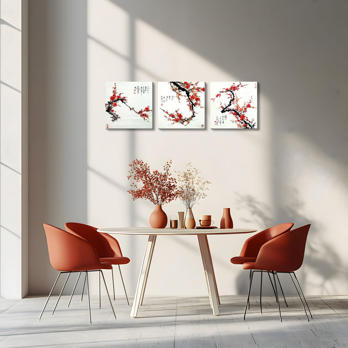 Small Size Traditional Chinese Painting of Plum Blossom Canvas Prints 3 Panels Wood Framed Red Plum Blossom Wall Art Plum Flowers Print Painting 30x30cm Each Panel (Red Plum / 12x12 inches (3 pieces))