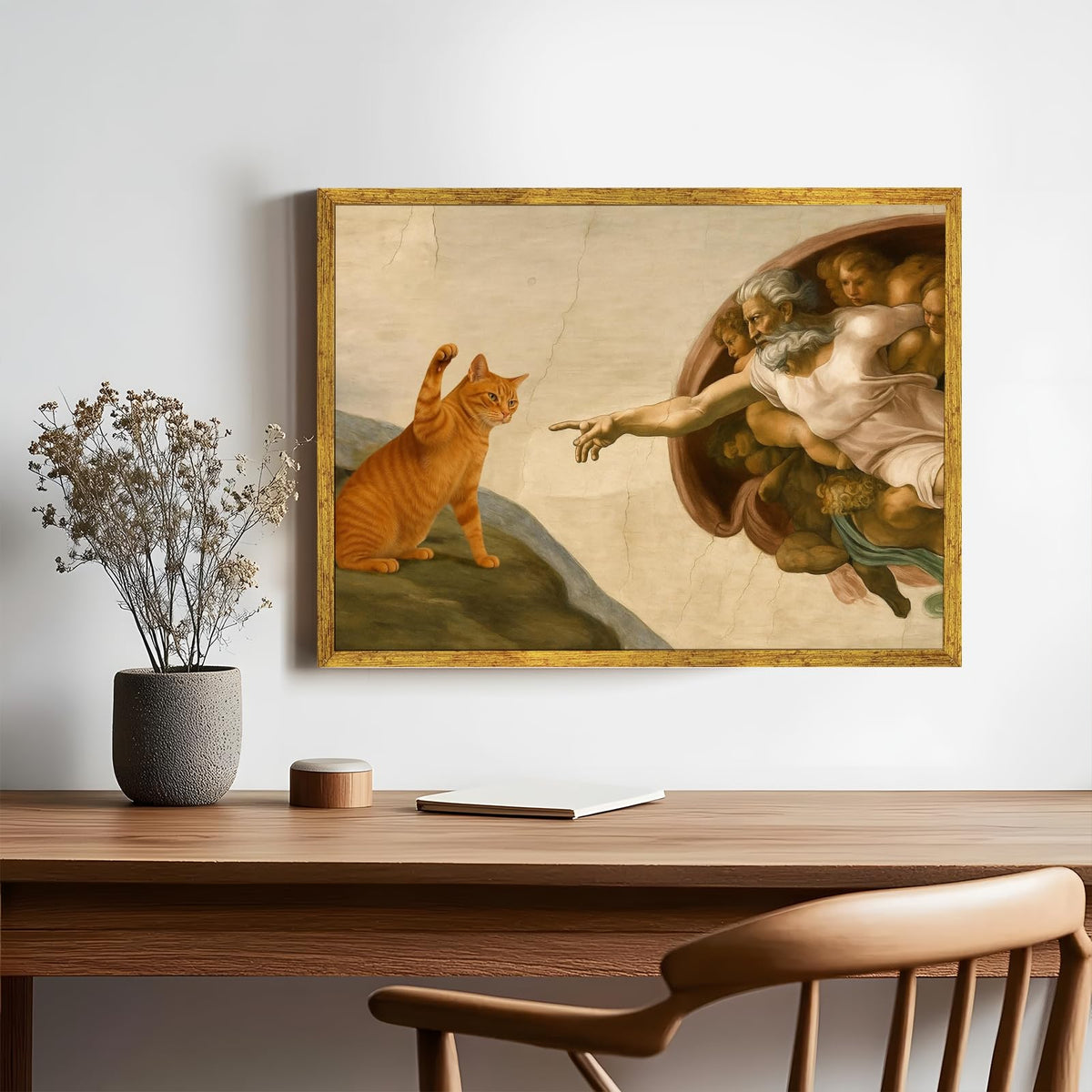 Gold Framed Funny Cat Creation of Adam Canvas Wall Art Classic Renaissance Parody Poster Painting Prints Humorous God and Animal Paw Picture Artwork for Home Bedroom Decor Pet Lover 8x12inch (8"L x 12"W / Cat - Gold Frame)