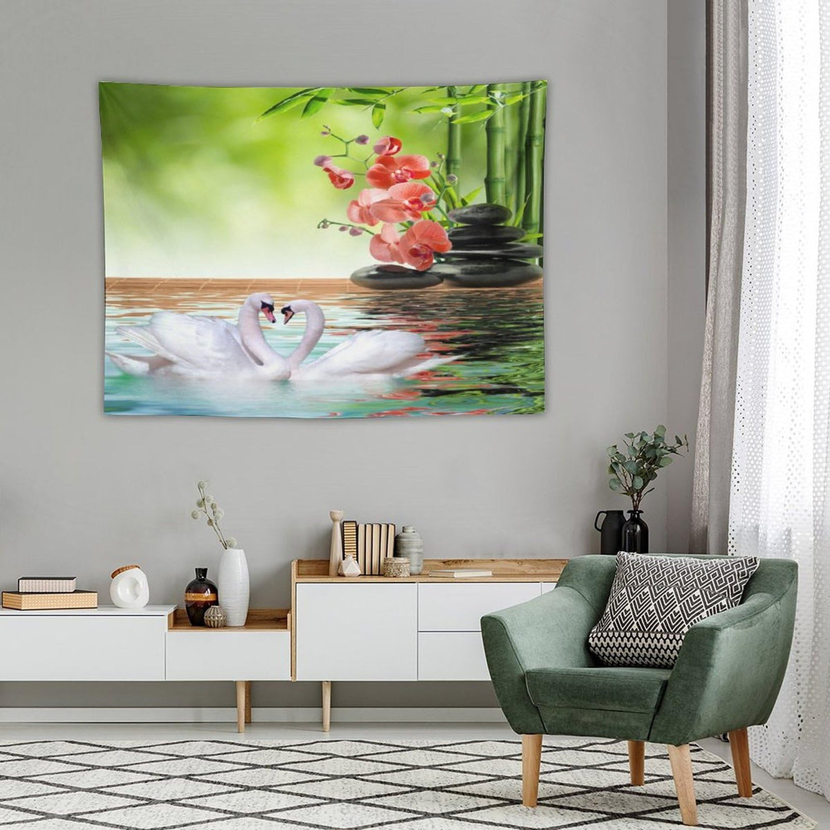 Spa Tapestry Wall Hanging Bamboo Orchid Red White Swan Spa Meditation Relaxing Art Tapestries Home Decor for Living Room Bedroom Farmhouse Kitchen Dorm 30"x40" (30"L x 40"W / Zen-6)