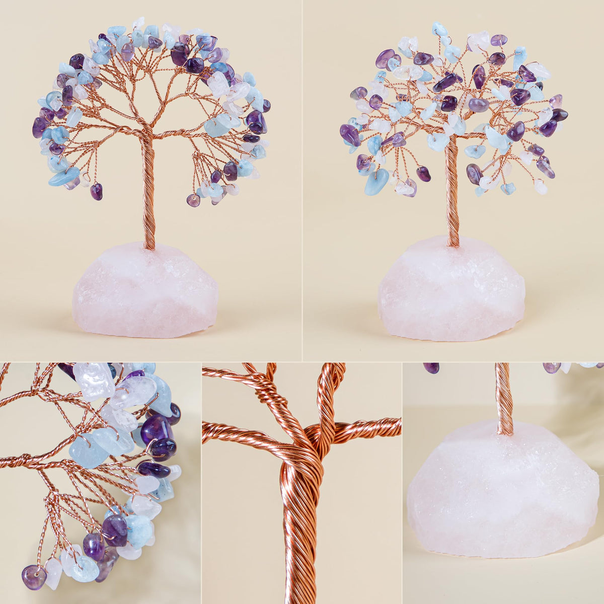 7 Chakra Healing Crystals Stones Tree of Life (Rose Quartz & Amethyst & Aquamarine_stone Pedestal)
