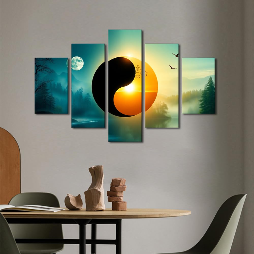 Canvas Wall Art Oversized Yin Yang Of Idea Harmony Stretched Framed Painting Five Piece Set Zen Home Decor Spiritual Balance Art Wall Art Ready to Hang 60" Wx40 H (60''Wx40''H / Artwork-13)