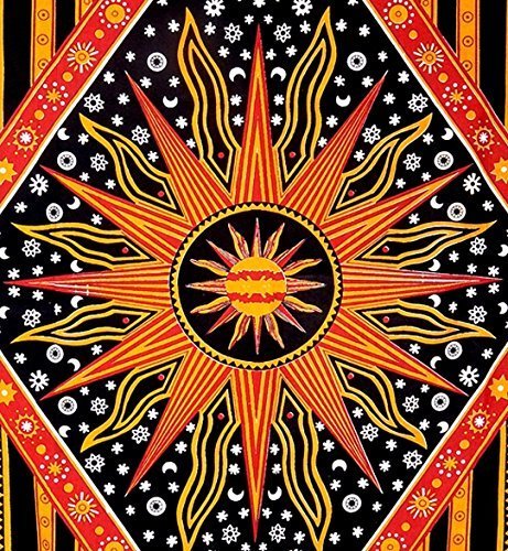 Wall Hanging Tapestry For Bedroom Hippie Burning Sun and Moon Meditation Bohemian Hippy Psychedelic Design Indian Tapestries Bedspread 30 x 40 Inches (40"L x 30"W / Golden)