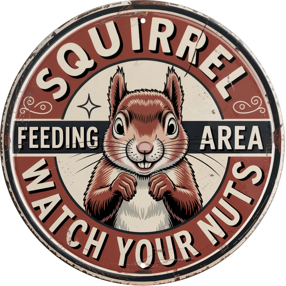 Squirrel Feeding Area Metal Sign 8x8in Funny Yard Plaque for Garden Cabin Outdoor Warning Sign (Squirrel Feeding Area Watch Your Nuts)
