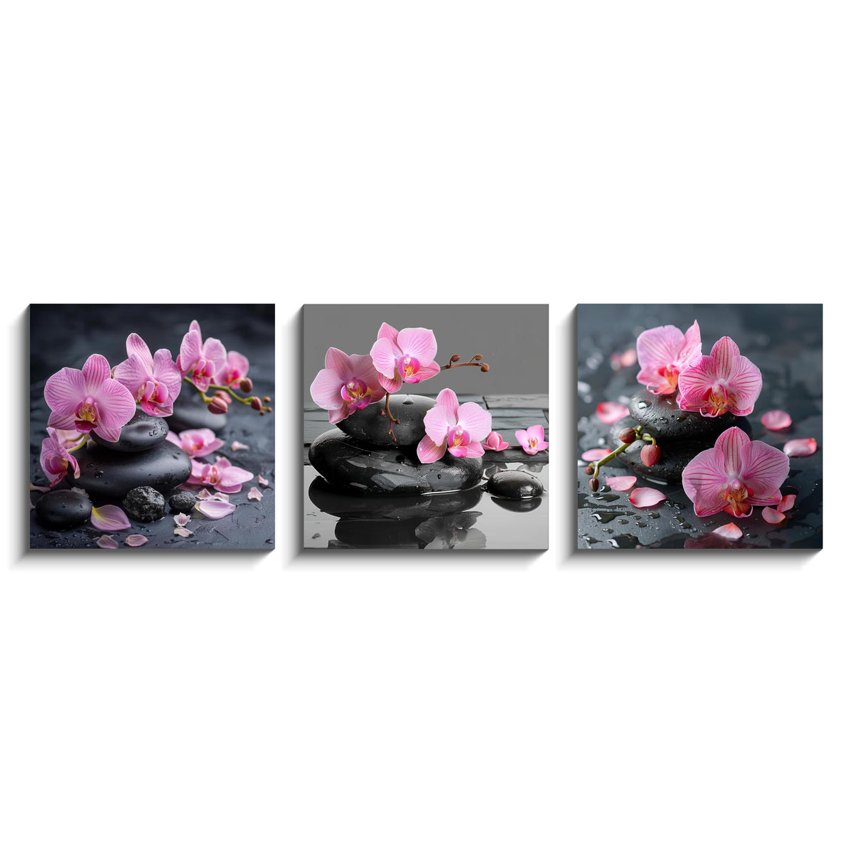 3PCS Zen Spa Canvas Wall Art Pink Orchid Flower and Black Massage Stones Print Modern Botanical Floral Artwork Relaxation Theme Wall Decor for Bathroom Bedroom Home Spa Salon Decor (12X12inchX3pcs / Pink Orchid and Black Massage Stones)