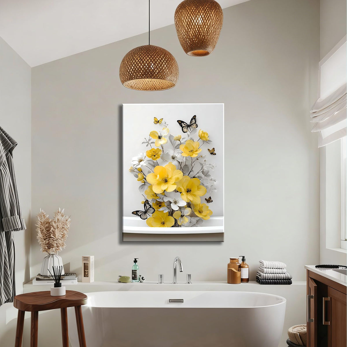 Framed Yellow Floral Canvas Wall Art for Bathroom Decor (Pictures18 / 12"L x 8"W)