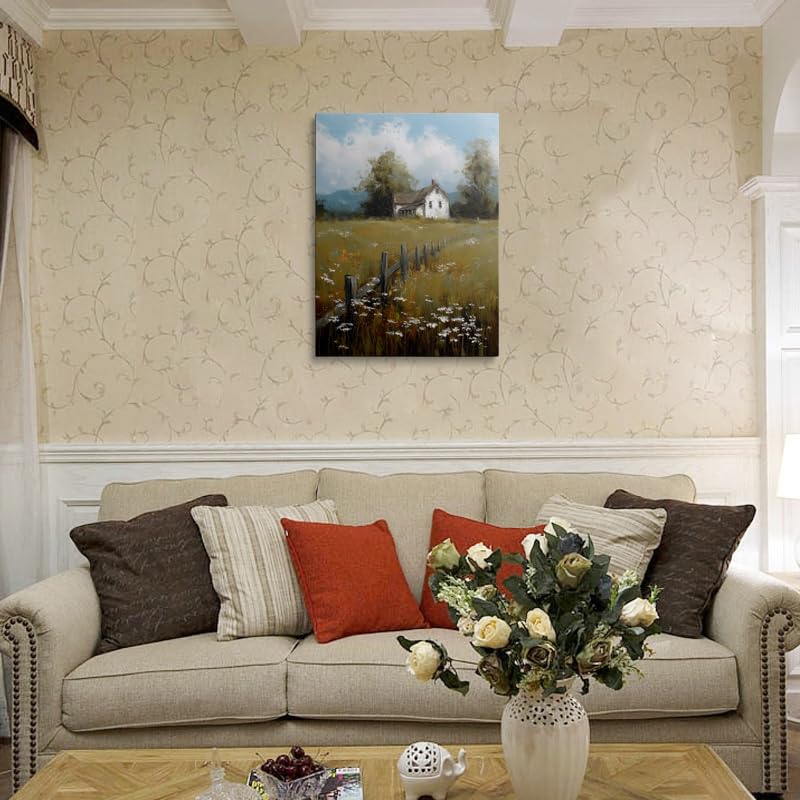 Calming Country Farmhouse Canvas Wall Art Framed Serene Landscape Painting White Farmhouse Wooden Fence Wildflowers Vintage Style Textured Brushstrokes Wall Decor Artwork Poster 16x24 Inches (wooden house / 24"L x 16"W)