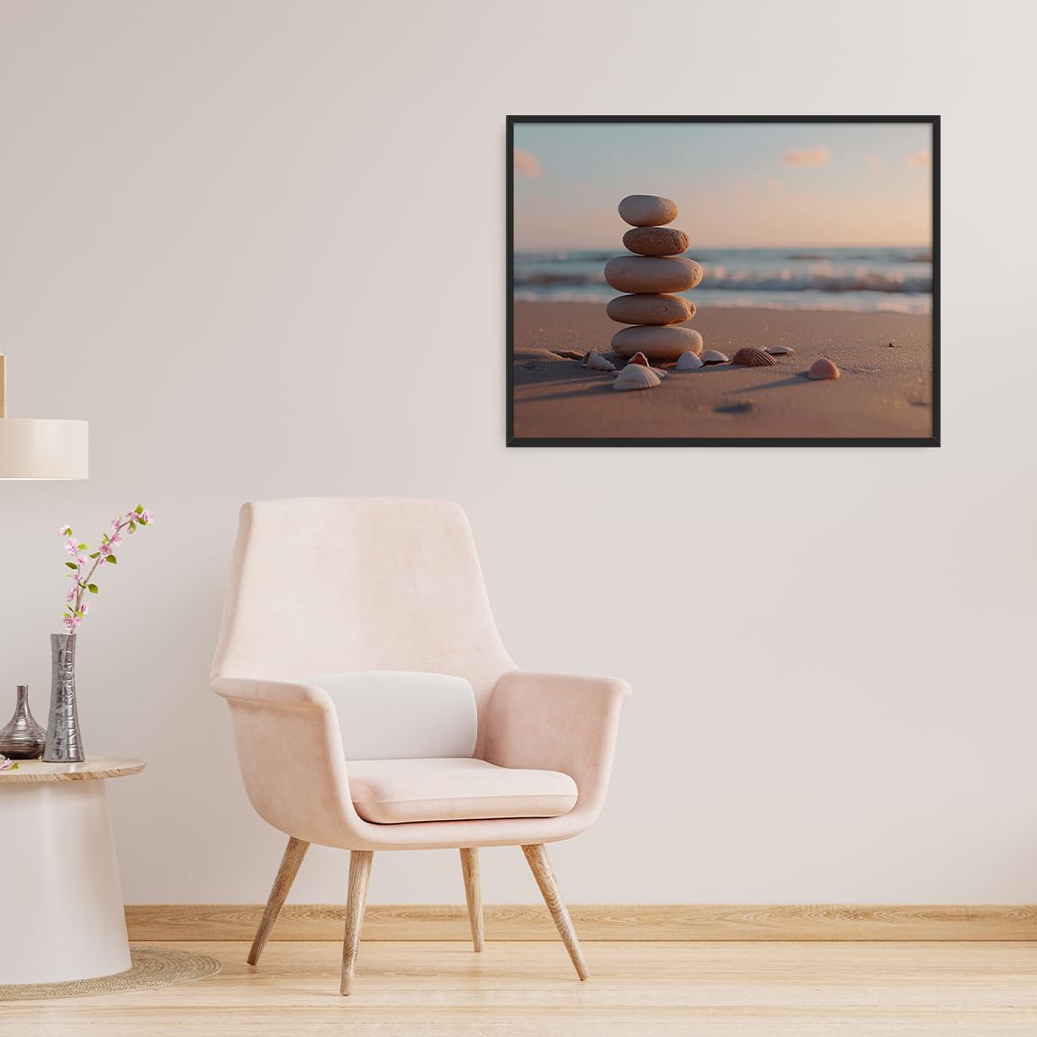Zen Beach Stones and Shells Wall Art (Black Aluminum Frame-5 / 20"L x 30"W)