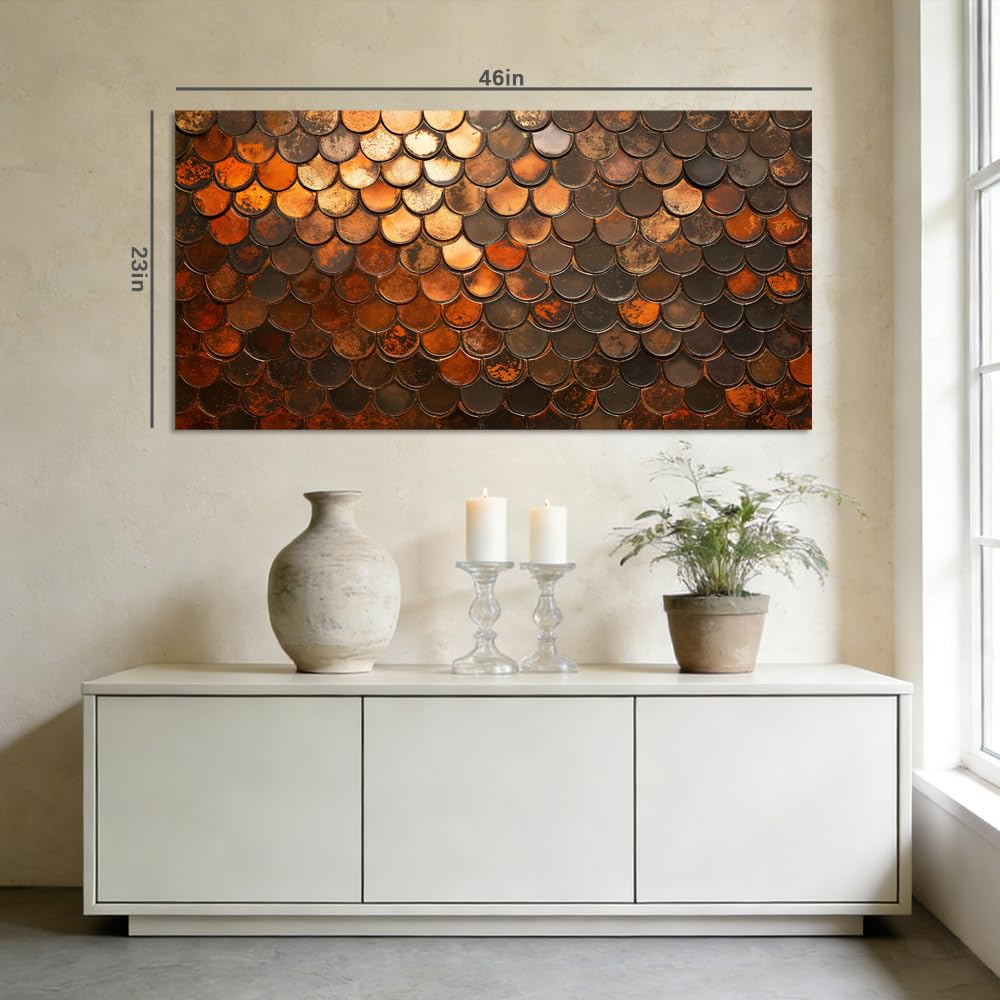Rustic Copper Scale Canvas Wall Art Abstract Geometric Faux Metallic Texture Painting Flat Print Gallery Wrapped Industrial Artwork for Living Room Bedroom Bathroom Decor (Abstract / Orange Fish Scales 35 / 46"L x 23"W)