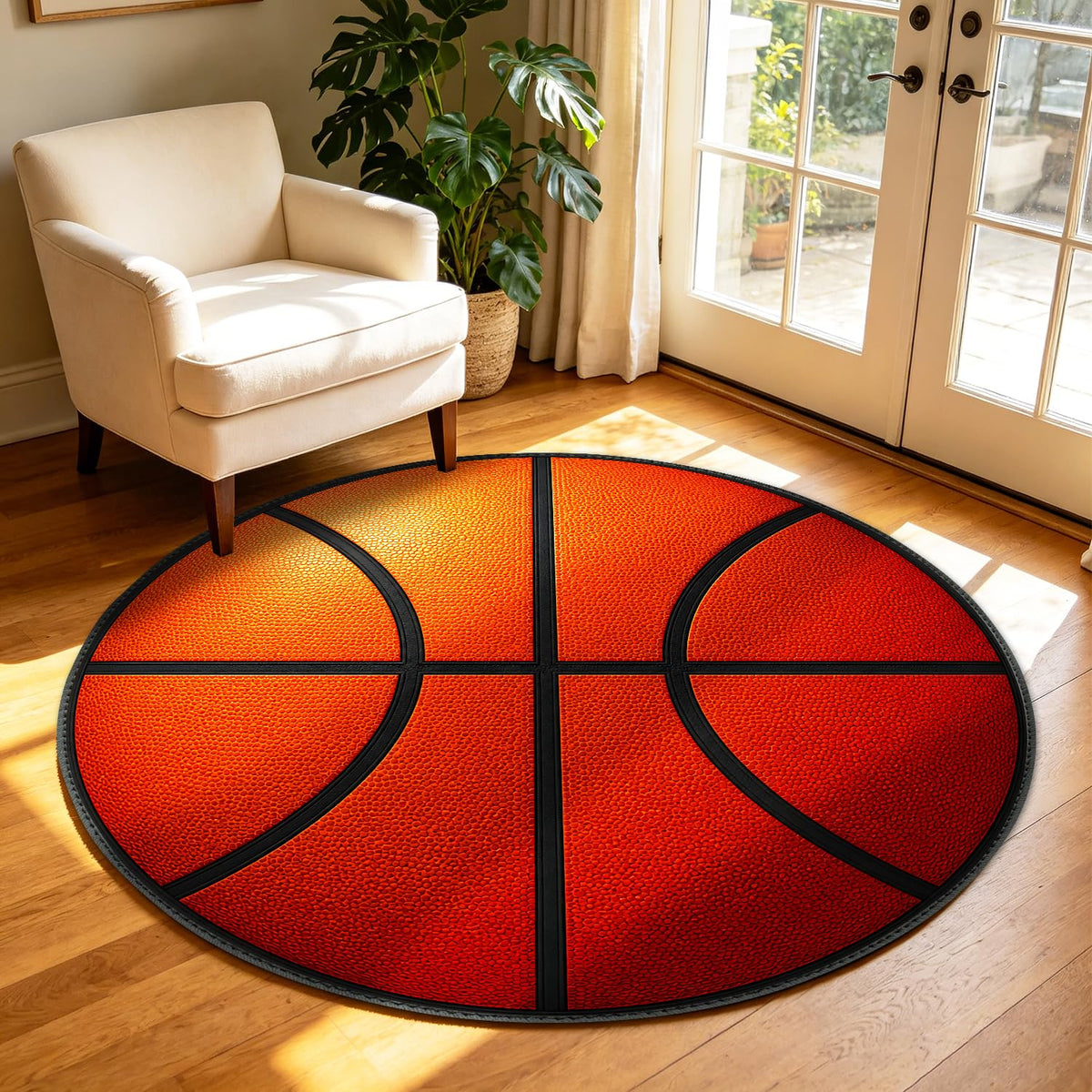 Basketball Round Rug 4ft Realistic Orange Basketball Leather Texture Circle Area Rug Washable Circular Floor Carpet Mat for B oys Bedroom (88 / 4' (Round))