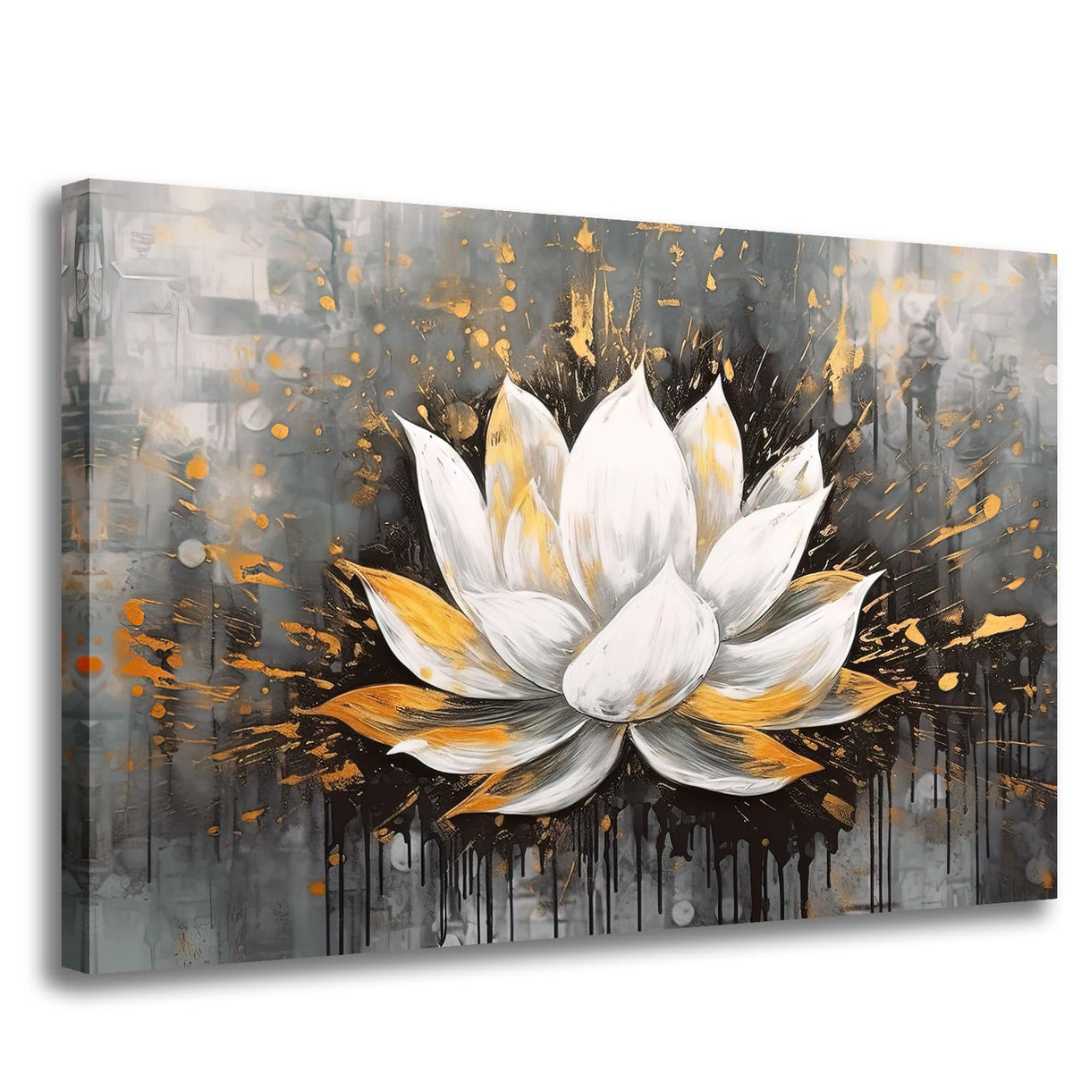 Zen Flower Wall Painting Decor White Golden Lotus Flower Print Picture Abstract Flower Artwork for Home Living Room Decoration Framed Gallery Wrapped (Lotus 05 / 36"L x 24"W)