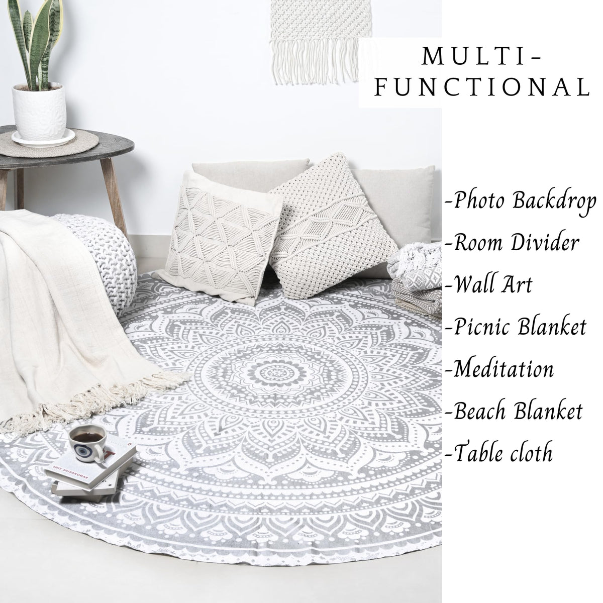 Ombre Mandala Tapestry Silver for Beach Towel Boho Bohemian Room Decor Cotton Tapestries 48 Inch (Silver / 48"L x 48"W)