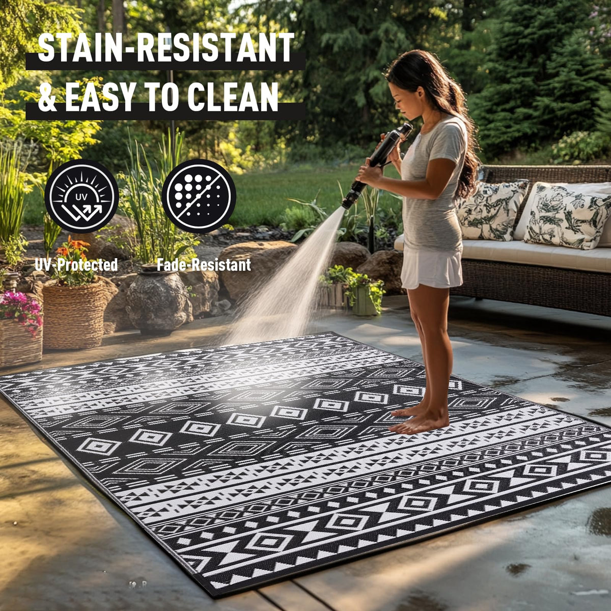 Black and White Tribal Outdoor Rug 6x9 ft Waterproof Mat for Patio RV (White & Black / 6x9 Feet)