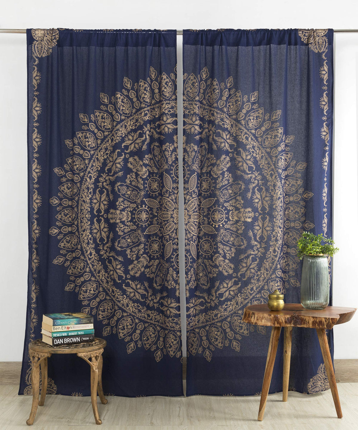 Indian Hippie Mandala Bohemian Beautiful Blue Gold Window Drapery Curtain Bedroom Living Room Balcony Valance Panels (38"W x 83"L (Pack of 2) / Blue Gold)