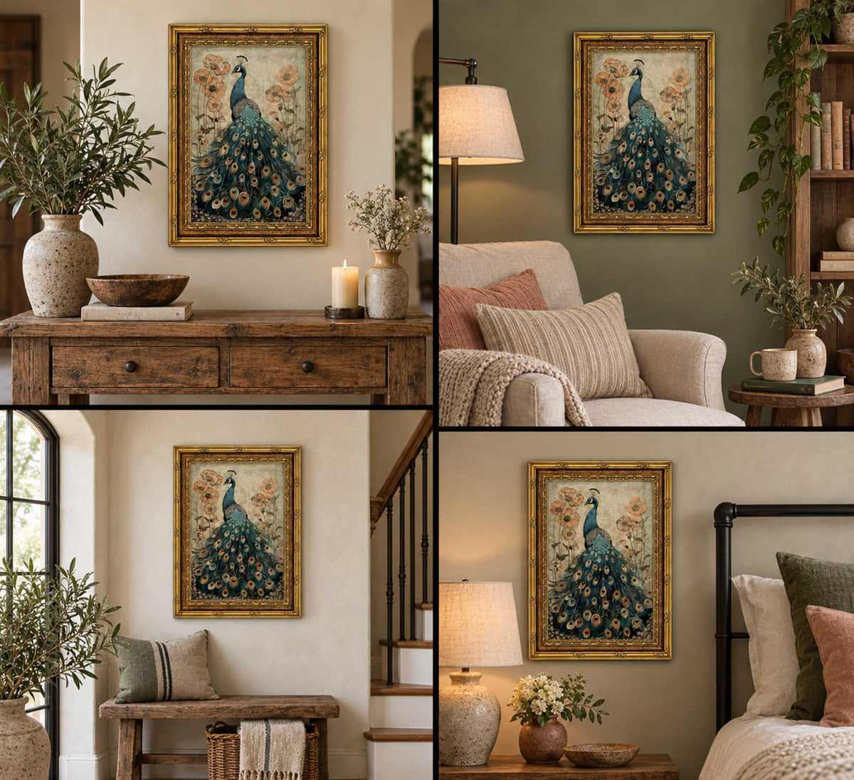 Vintage Gold Framed Peacock Poppy Canvas Wall Art (Peacock / 16"L x 12"W)