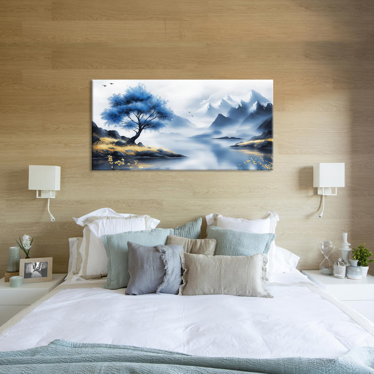 Blue Tree Lake Wall Art for Living Room Canvas Painting Prints Beautiful Mountain Lakeside Landscape White Nature Artwork Office Bedroom Family Room Decor Large (46L" x 23W" / Yellow and Blue Wall Art(k826))