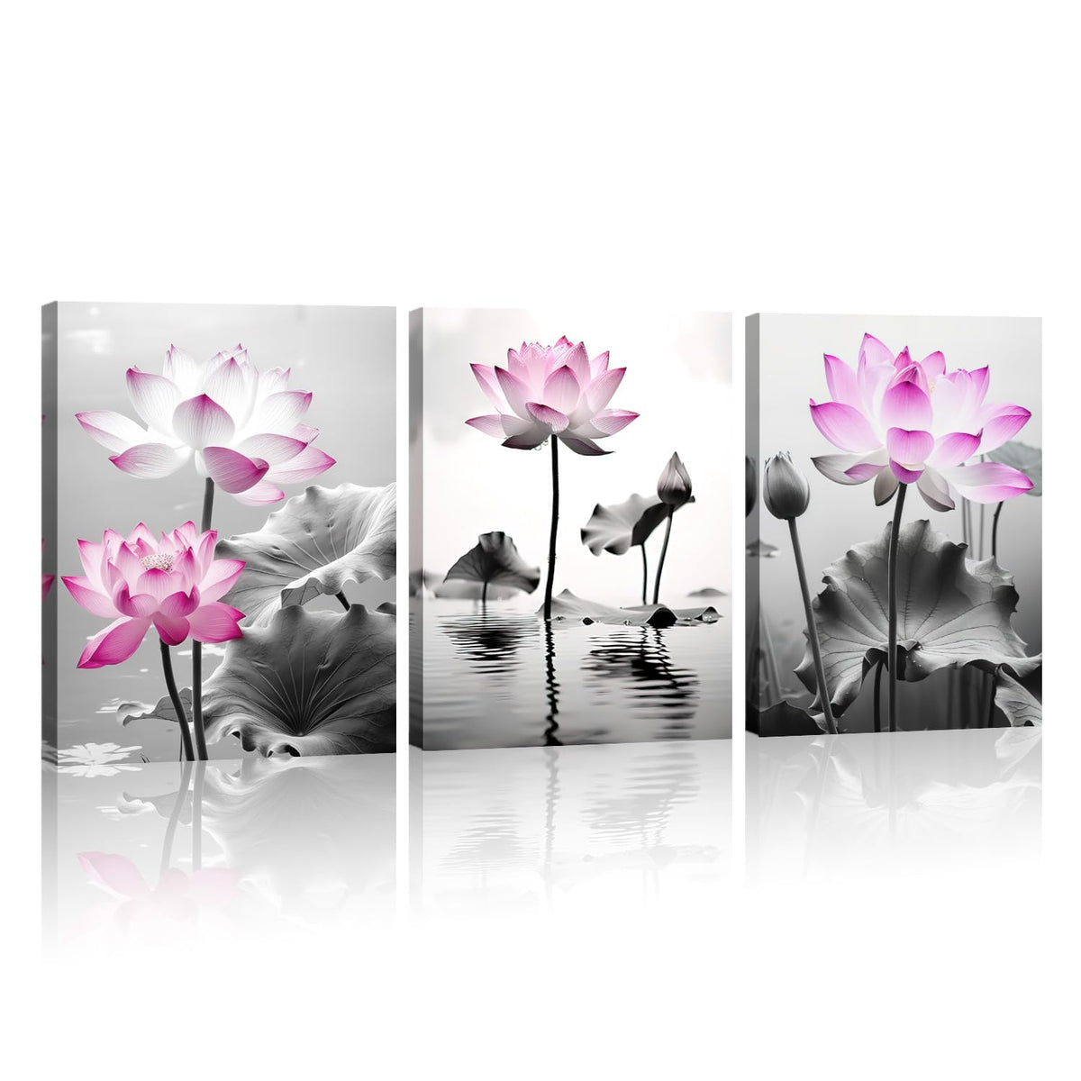 Lotus Canvas Wall Art 3 Pieces Pink Flowers in River Pictures Prints Wall Decor Black and White Painting Artwork for Bathroom Living Room Bedroom Office Home Decor (Lotus-6 / 20.00"x28.00"x3P)
