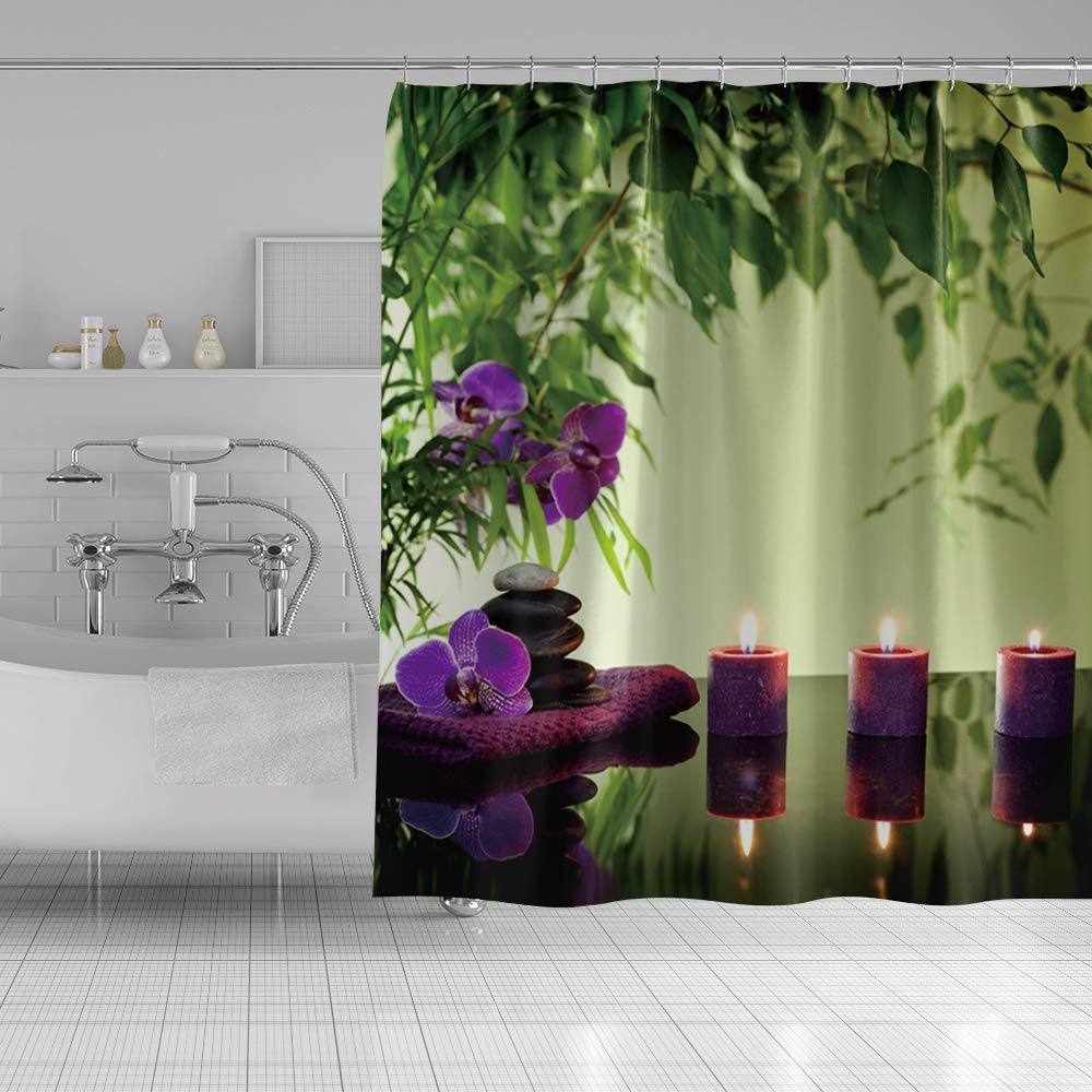 Spa Shower Curtain Basalt Stones Purple Aromatic Candles Flowers Bath Towel Green Plants Beautiful Relaxing Still Life Art Bath Curtain Waterproof Fabric Bathroom Decor Set with Hooks 72x72inch (72"W x 72"L (Pack of 1) / Green 04)