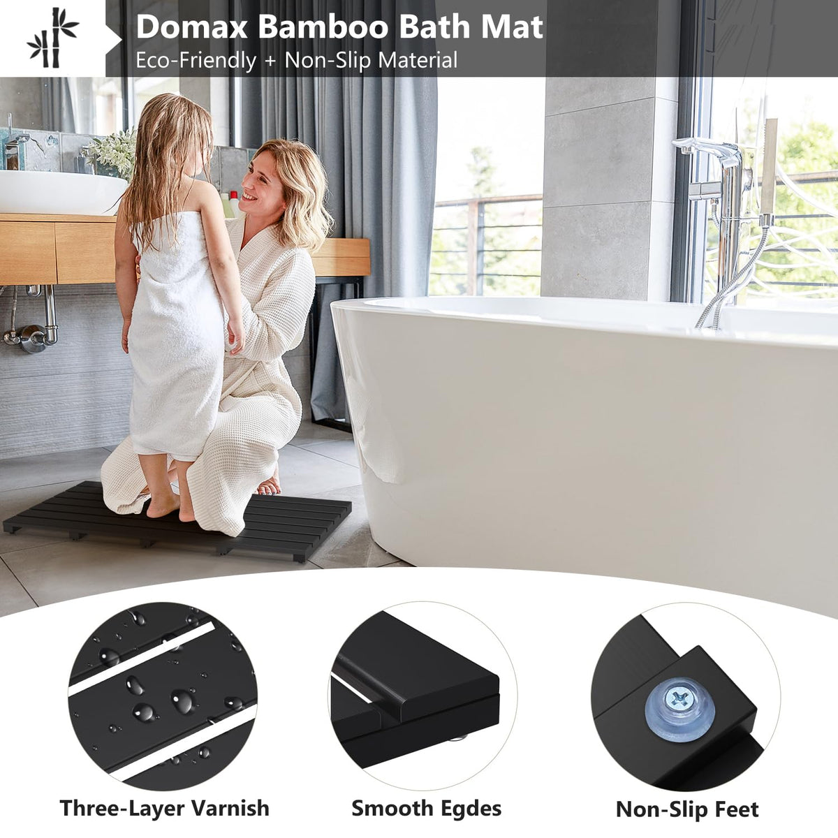 Wooden Bamboo Bath Shower Mat (Black / 31.3" x 18.1" (Rectangular))