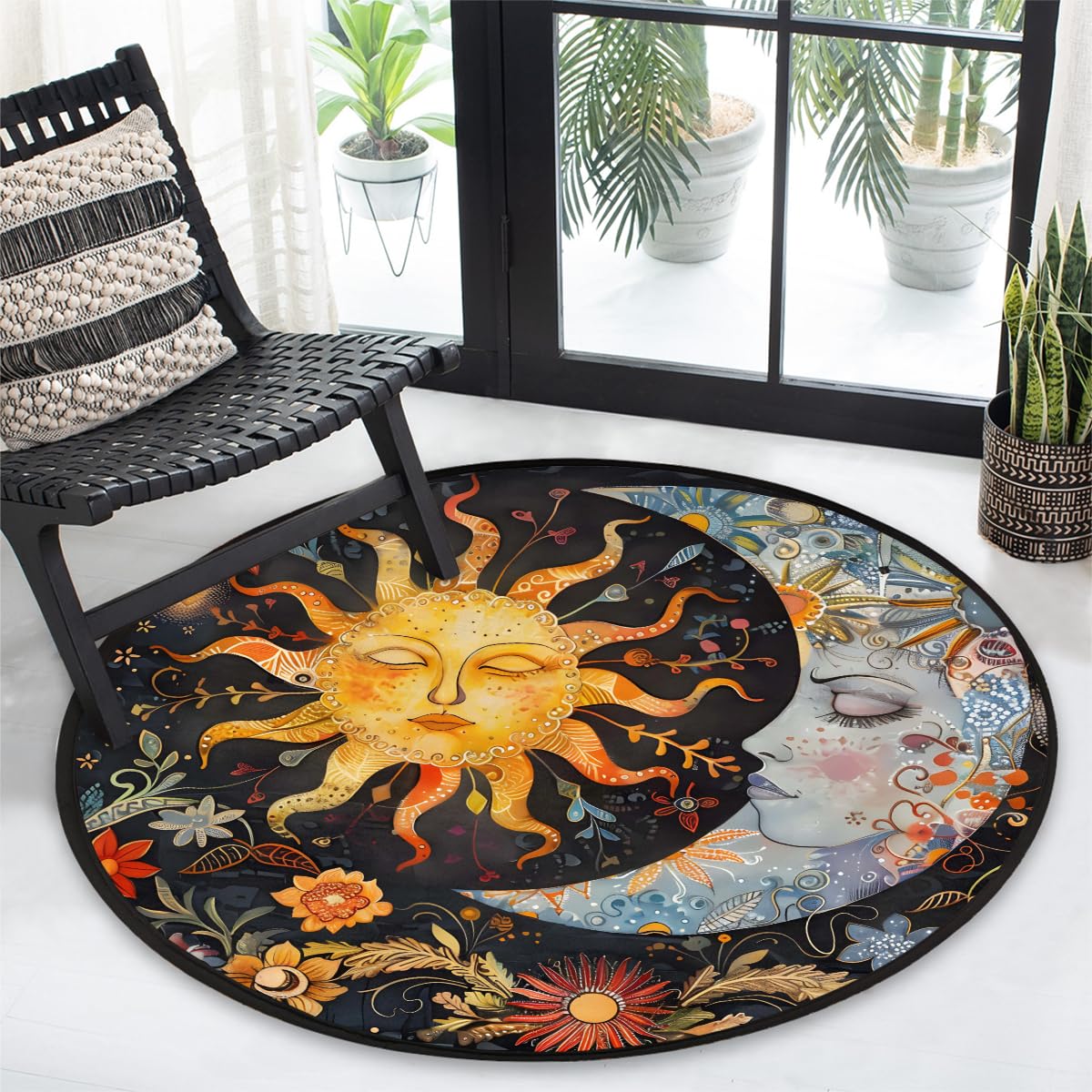 3 Ft Moon Sun Round Rug Circle Area Rugs Circular Door Mat for Indoor (A:a-2 / 3'3" (Round))