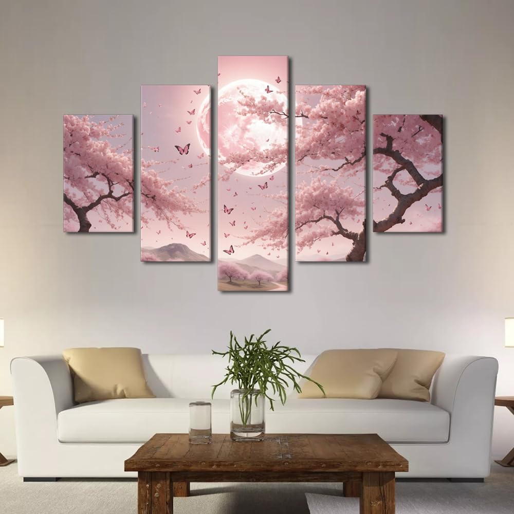 Canvas Wall Art Premium Whispering Spring Breeze Large Framed Poster Blossom Shower Artwork Bedroom Wall Display Five Panel Dreamy Floral Composition 60" Wx40 H (60''Wx40''H / Artwork-11)