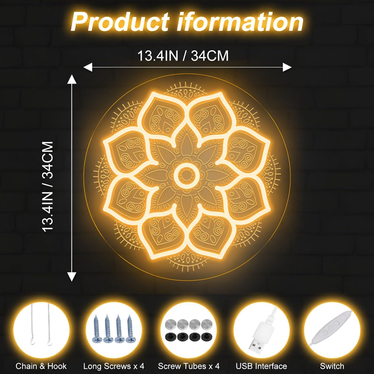 Sacred Geometry Mandala Neon Sign (Mandala-Gold)