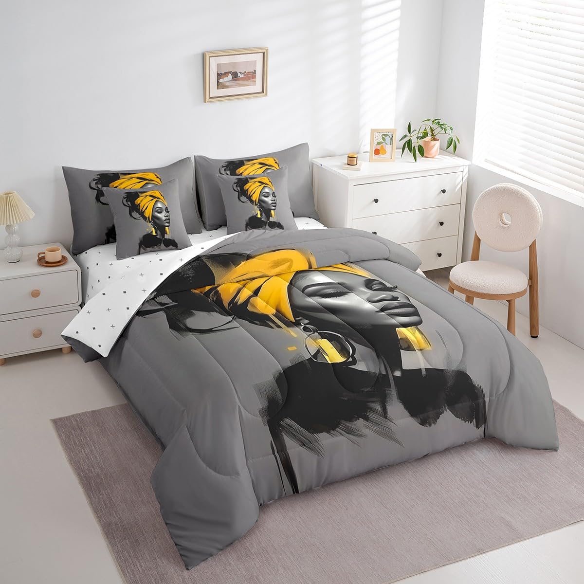Black Women Comforter Set King Size 7 Piece (Grey and Yellow / King)