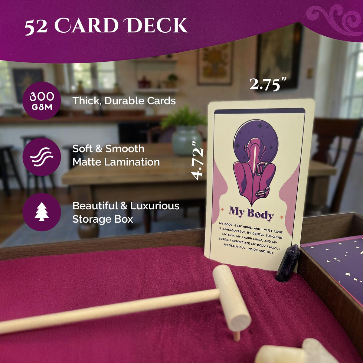 Wooden Zen Garden with Daily Affirmation Cards for Women and Men (Evening Azalea / Affirmation Cards)