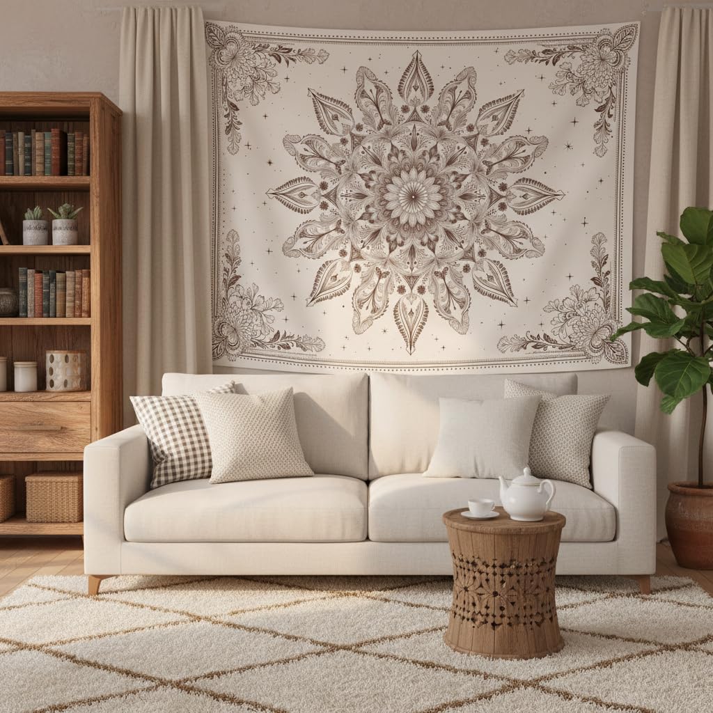 Floral Mandala Tapestry Wall Hanging Boho Beige Tapestry Aesthetic Bohemian Flower Cute Small Tapestries for Bedroom Living Room Dorm Wall Decor 60 x 44 Inch (Bohemian / Beige White / 60"L x 44"W)